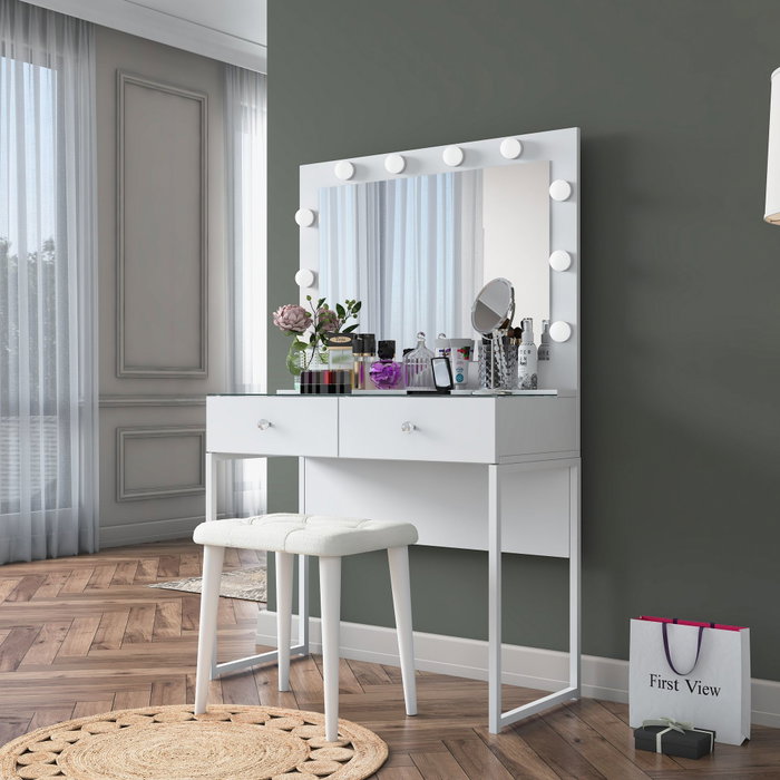 Hanah Home Mesa de Maquillaje con 10 Focos y Puff Blanco BJ164 - 4481